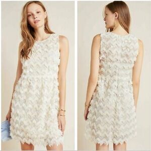 Anthropologie Priscilla Textured Ivory Shimmer Chevron A-Line Dress Size 14 NWT